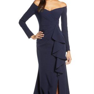 Off the Shoulder Navy Gown with Sleeves- Vince Camuto